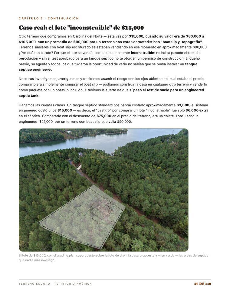 Página del ebook con el caso real del lote de 15.000 dólares y el grading plan sobre la foto de dron